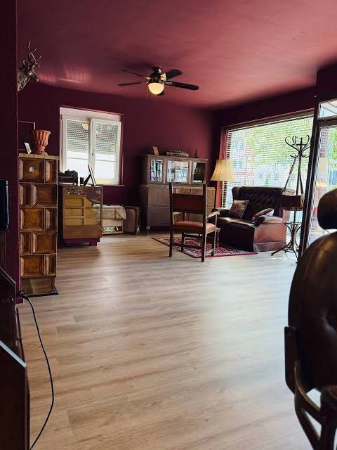 Blick durch den Salon von Edelwild Barbier mit Vintage-Möbeln und Ledersessel